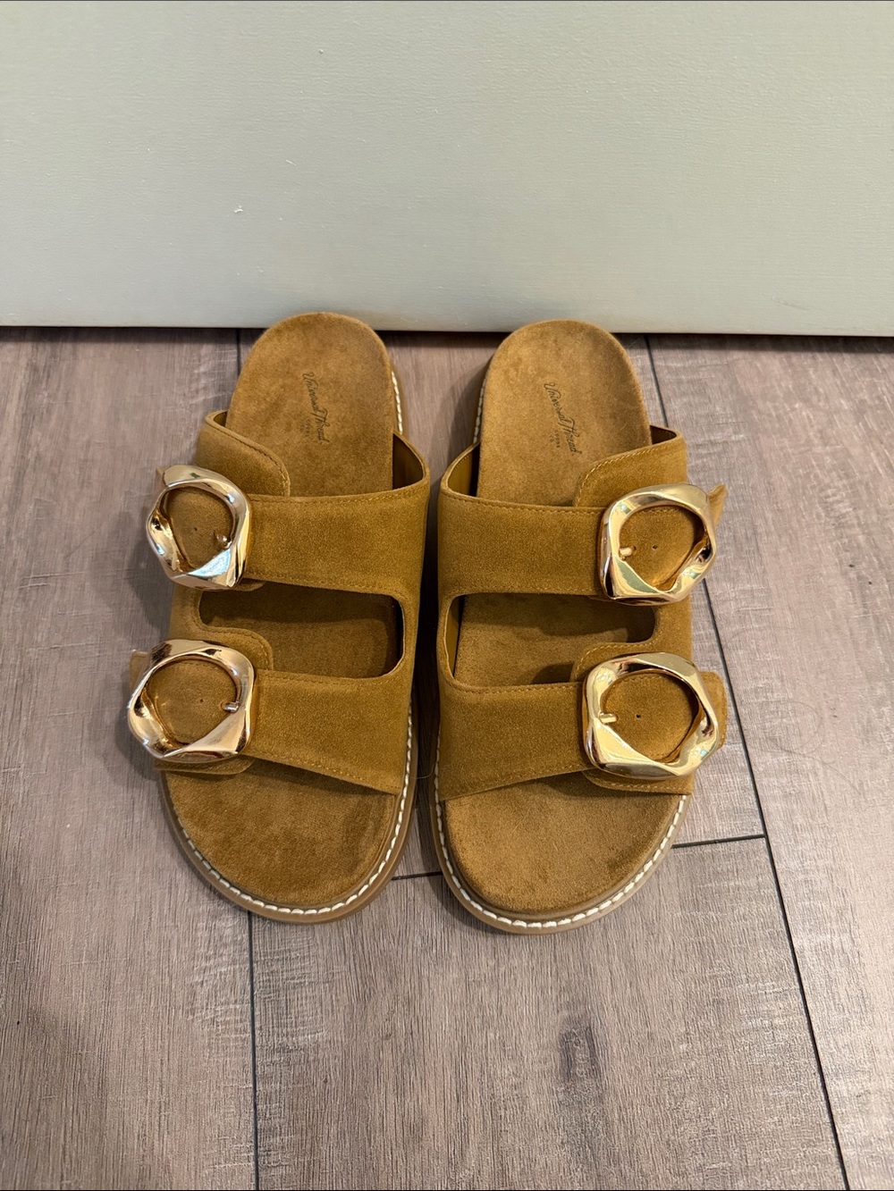 Suede Double-Buckle Slide Sandals in Camel